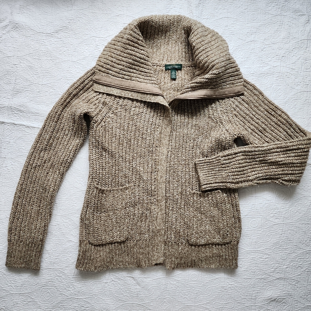 Ralph Lauren Cotton Blend Dramatic Neck Zip-up Sweater